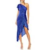 Color:Cobalt - Image 1 - Metallic One Shoulder Cap Sleeve Ruched Asymmetrical Hem Dress