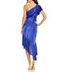 Color:Cobalt - Image 2 - Metallic One Shoulder Cap Sleeve Ruched Asymmetrical Hem Dress