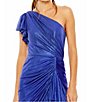Color:Cobalt - Image 3 - Metallic One Shoulder Cap Sleeve Ruched Asymmetrical Hem Dress
