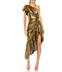 Color:Antique Gold - Image 1 - Metallic One Shoulder Cap Sleeve Ruched Asymmetrical Hem Dress