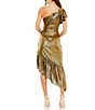 Color:Antique Gold - Image 2 - Metallic One Shoulder Cap Sleeve Ruched Asymmetrical Hem Dress