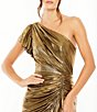 Color:Antique Gold - Image 3 - Metallic One Shoulder Cap Sleeve Ruched Asymmetrical Hem Dress