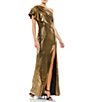 Color:Bronze - Image 1 - Metallic Ruffle One Shoulder Short Sleeve Gown
