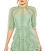 Color:Jade - Image 3 - Mock Neck Short Sleeve Tiered Ruffled Pleated Embellished A-Line Midi Dress