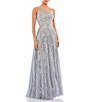 Color:Platinum - Image 1 - Beaded One Shoulder Sleeveless Sequin A-Line Gown