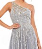 Color:Platinum - Image 3 - Beaded One Shoulder Sleeveless Sequin A-Line Gown