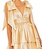 Color:Pale Gold - Image 3 - Oversized Bow V-Neck Ruffled Mini Dress