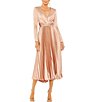 Color:Rose - Image 1 - Pleated Satin V-Neck Long Sleeve Fit and Flare Midi Dress
