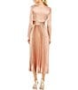 Color:Rose - Image 2 - Pleated Satin V-Neck Long Sleeve Fit and Flare Midi Dress