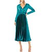 Color:Teal - Image 1 - Pleated Satin V-Neck Long Sleeve Fit and Flare Midi Dress