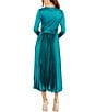 Color:Teal - Image 2 - Pleated Satin V-Neck Long Sleeve Fit and Flare Midi Dress