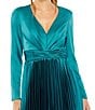 Color:Teal - Image 3 - Pleated Satin V-Neck Long Sleeve Fit and Flare Midi Dress