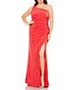 Color:Cherry - Image 1 - Plus Size Jewel Encrusted Asymmetrical One Shoulder Neck Gown
