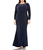 Color:Midnight - Image 1 - Plus Size Long Sleeve Bateau Neck Embellished Jersey Gown