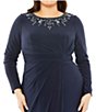 Color:Midnight - Image 3 - Plus Size Long Sleeve Bateau Neck Embellished Jersey Gown