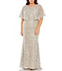 Color:Platinum - Image 1 - Plus Size Short Sleeve Embellished Cape Gown