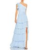 Color:Powder Blue - Image 1 - Ruffle One Shoulder Ruched Waist Sleeveless Tiered Gown
