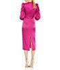Color:Fuchsia - Image 2 - Satin High Neck 3/4 Puff Sleeve Midi Dress