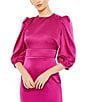 Color:Fuchsia - Image 3 - Satin High Neck 3/4 Puff Sleeve Midi Dress