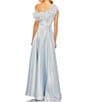 Color:Powder Blue - Image 2 - Satin One Shoulder Sleeveless Feather Trim Gown