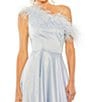 Color:Powder Blue - Image 3 - Satin One Shoulder Sleeveless Feather Trim Gown