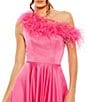 Color:Hot Pink - Image 3 - Satin One Shoulder Sleeveless Feather Trim Gown