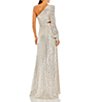 Color:Silver - Image 2 - Sequin Asymmetrical Neck Long Balloon Sleeve Cut Out Side Thigh High Slit Ruffle Hem Gown