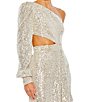 Color:Silver - Image 3 - Sequin Asymmetrical Neck Long Balloon Sleeve Cut Out Side Thigh High Slit Ruffle Hem Gown
