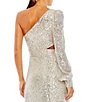 Color:Silver - Image 4 - Sequin Asymmetrical Neck Long Balloon Sleeve Cut Out Side Thigh High Slit Ruffle Hem Gown