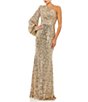 Color:Gold - Image 1 - Sequin Asymmetrical One Long Bishop Sleeve Sheath Gown