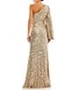 Color:Gold - Image 2 - Sequin Asymmetrical One Long Bishop Sleeve Sheath Gown