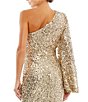 Color:Gold - Image 4 - Sequin Asymmetrical One Long Bishop Sleeve Sheath Gown
