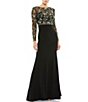 Color:Black Multi - Image 1 - Sequin Beaded Mesh Boat Neck Long Sleeve Gown