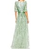 Color:Sage - Image 2 - Sequin Surplice V-Neck 3/4 Sleeve Embellished A-Line Gown