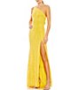 Color:Lemon - Image 1 - Sequined Asymmetrical One Shoulder Sleeveless Strappy Open Back Detail Thigh High Slit Gown