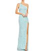 Color:Ice Blue - Image 1 - Sequined Asymmetrical One Shoulder Sleeveless Strappy Open Back Detail Thigh High Slit Gown