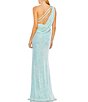Color:Ice Blue - Image 2 - Sequined Asymmetrical One Shoulder Sleeveless Strappy Open Back Detail Thigh High Slit Gown