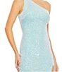 Color:Ice Blue - Image 3 - Sequined Asymmetrical One Shoulder Sleeveless Strappy Open Back Detail Thigh High Slit Gown