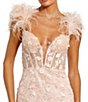 Color:Peach - Image 3 - Sweetheart Neck Sleeveless Spaghetti Strap Feather Trim Sheer Applique Bustier Mermaid Gown