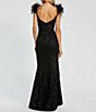 Color:Black - Image 2 - Sweetheart Neck Sleeveless Spaghetti Strap Feather Trim Sheer Applique Bustier Mermaid Gown