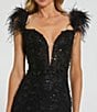 Color:Black - Image 3 - Sweetheart Neck Sleeveless Spaghetti Strap Feather Trim Sheer Applique Bustier Mermaid Gown