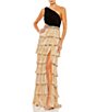 Color:Black/Gold - Image 1 - Tiered Sleeveless One Shoulder Strappy Back Detail Beaded Belt Cut Out Thigh High Slit Ruffle A-Line Gown