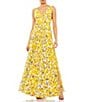 Color:Yellow Multi - Image 1 - V-Neck Floral Print Sleeveless Chiffon Side Slit A-Line Gown