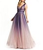 Color:Indigo Ombre - Image 1 - Pleated V-Neck Sleeveless Ombre Tulle Skirt Ball Gown