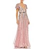 Color:Rose - Image 1 - Vneck Short Flutter Sleeve Stripe Sequin Aline Gown