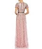 Color:Rose - Image 2 - Vneck Short Flutter Sleeve Stripe Sequin Aline Gown