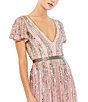 Color:Rose - Image 3 - Vneck Short Flutter Sleeve Stripe Sequin Aline Gown