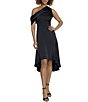 Color:Black - Image 1 - Asymmetric Neck One Shoulder Charmeuse High-Low A-Line Midi Dress