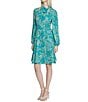 Color:Seafoam/Green - Image 3 - Bubble Crepe Floral Embroidery Tie Neck Long Sleeve Dress