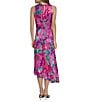 Color:Aqua/Pink - Image 2 - Charmeuse Floral Cowl Mock Neck Sleeveless Asymmetrical Hem Midi Dress